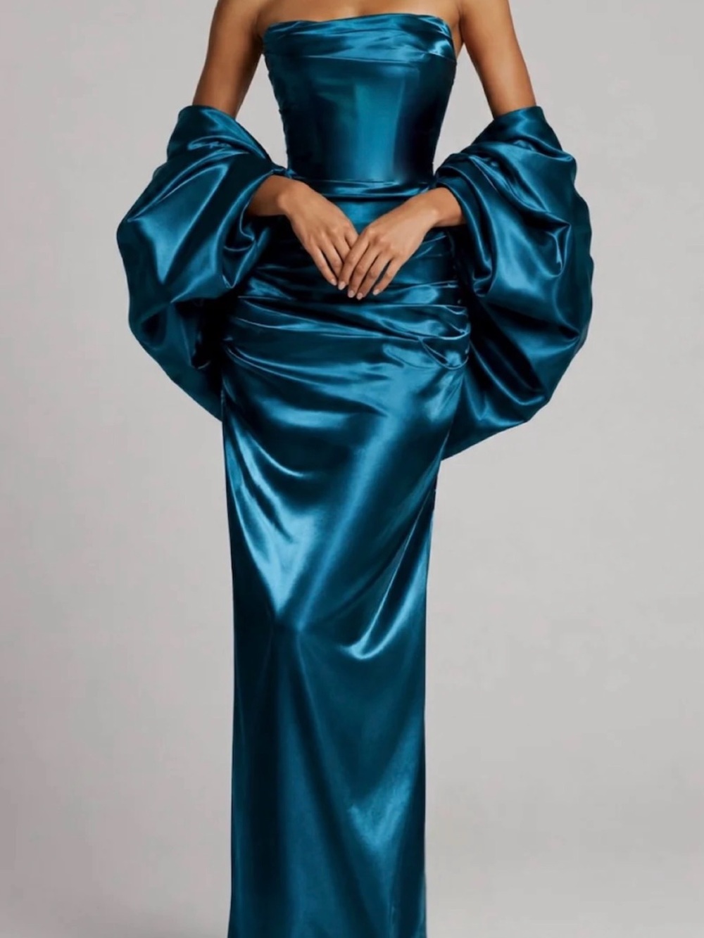 Strapless Satin Corset Evening Dress with Dramatic Removable Stole - Teal Blue